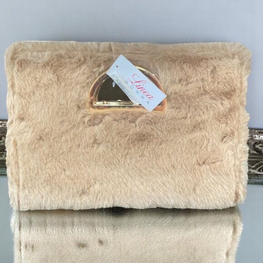 Linea Donna Tan Faux Fur Clutch Y2K Winter Glam‎ Gold Handle Statement Purse